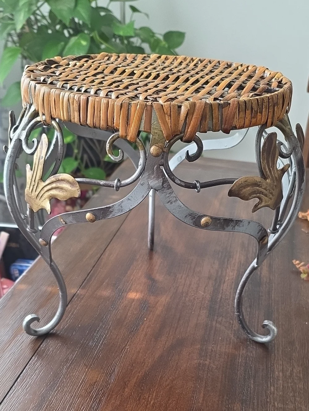 Woven Rattan and Metal Accent Stool - Brown and Silver. Circa 1950s-1980.